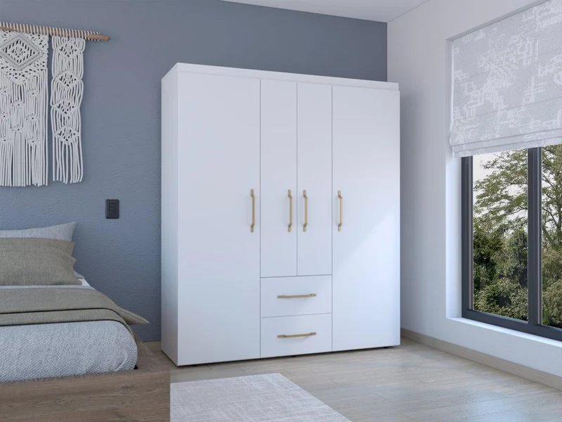 Clóset Bariloche Bombay Eco, Blanco Duqueza y Dorado, con Variedad de Entrepaños y Cuatro Puertas Abatibles ZF