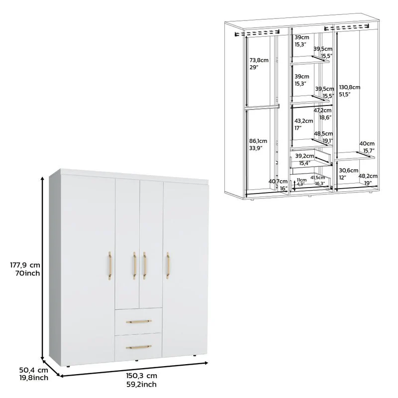 Clóset Bariloche Bombay Eco, Blanco Duqueza y Dorado, con Variedad de Entrepaños y Cuatro Puertas Abatibles ZF