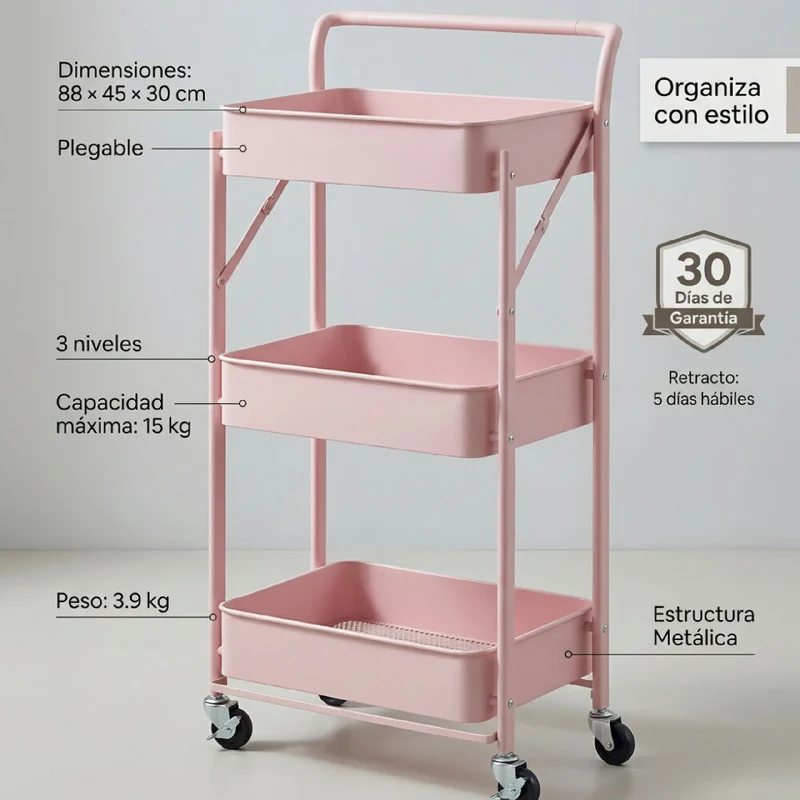 Organizador Metálico Plegable OR08 con Ruedas Carrito Multiusos de 3 Niveles para Cocina y Hogar