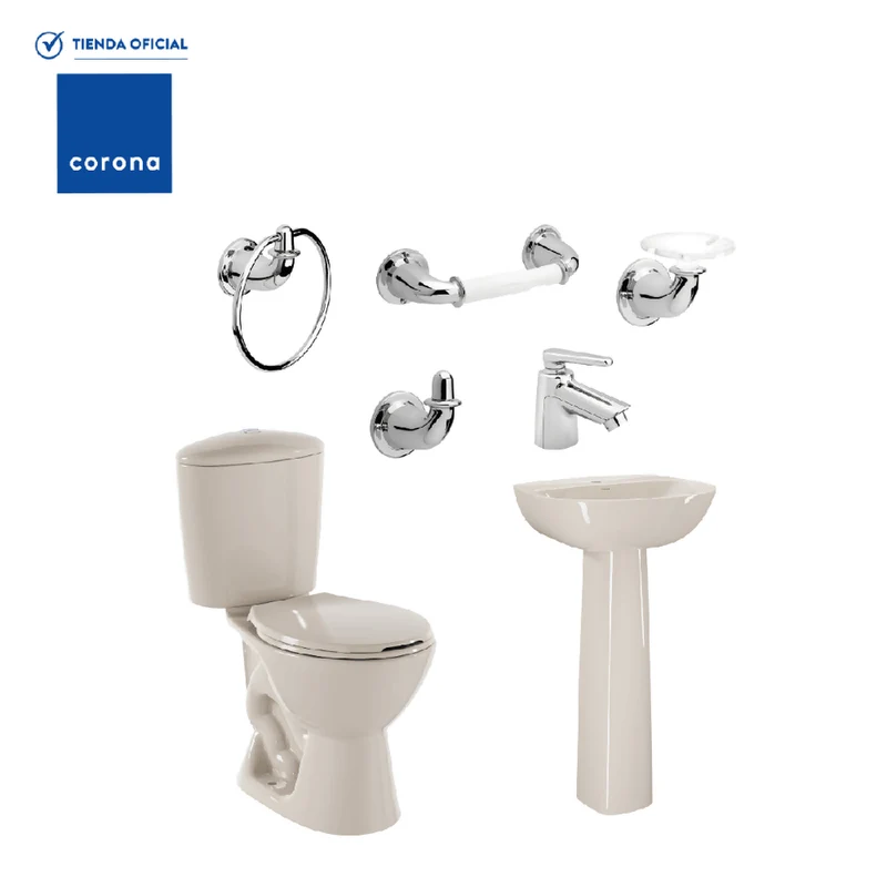 Combo Corona Sanitario Manantial Pro Redondo Botón con Pedestal Beige