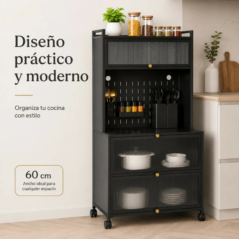 Estante Organizador De 60 CM Cocina Rodante Con Gabinetes Y Soportes
