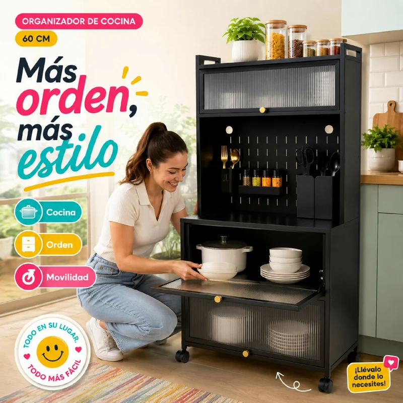 Estante Organizador De 60 CM Cocina Rodante Con Gabinetes Y Soportes