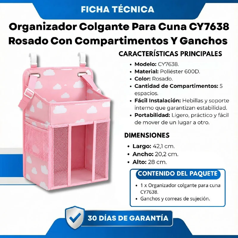 Organizador Colgante Para Cuna CY7638 Rosado Con Compartimentos Y Ganchos De Sujeción