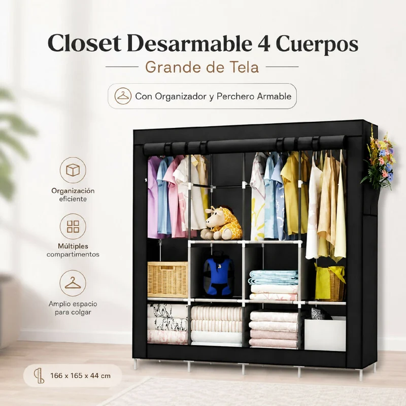 Closet Desarmable 4 Cuerpos Grande De Tela Con Organizador Y Perchero Armable