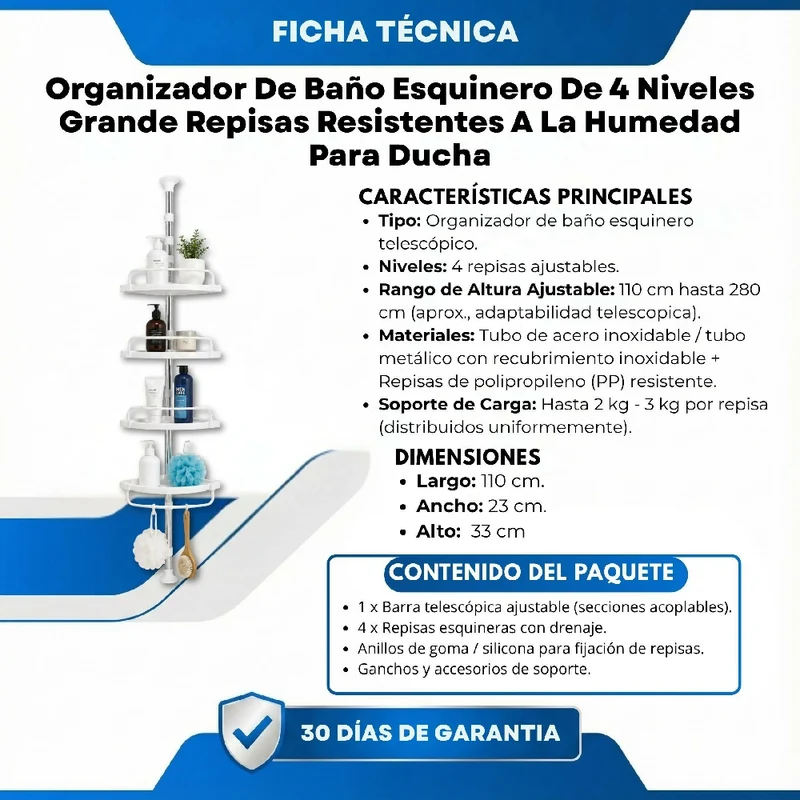 Organizador De Baño Esquinero De 4 Niveles Grande Repisas Resistentes A La Humedad Para Ducha