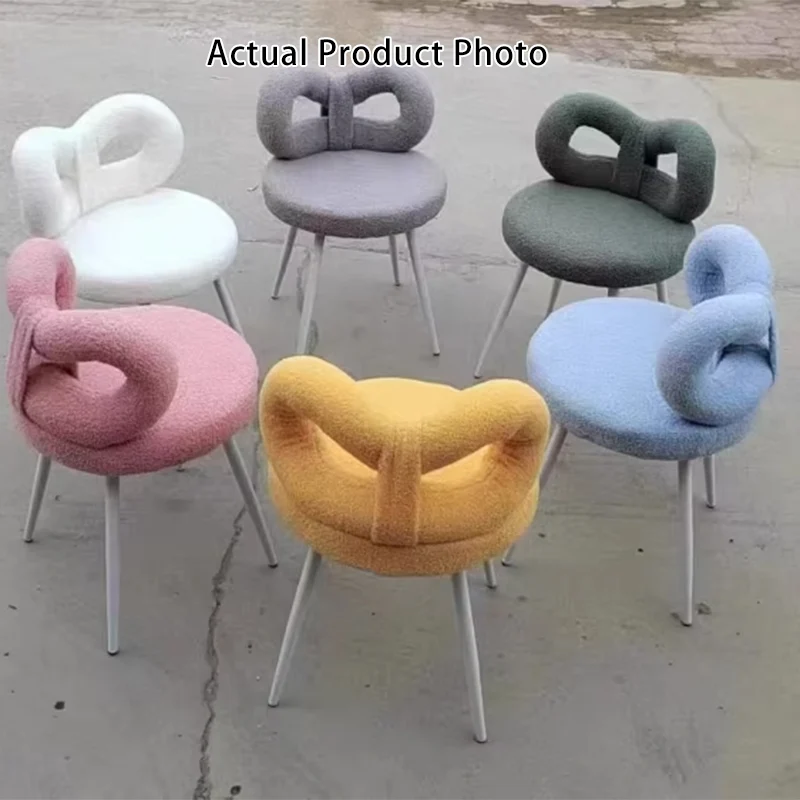 Contemporary Nordic Sherpa Fabric Round Vanity Stool Butterfly Backrest For Bedroom