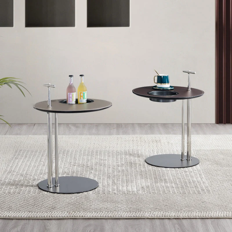 Modern Minimalist Round Saddle-Style Faux Leather Stainless Steel Carbon Steel Side Table Storage For Living Room