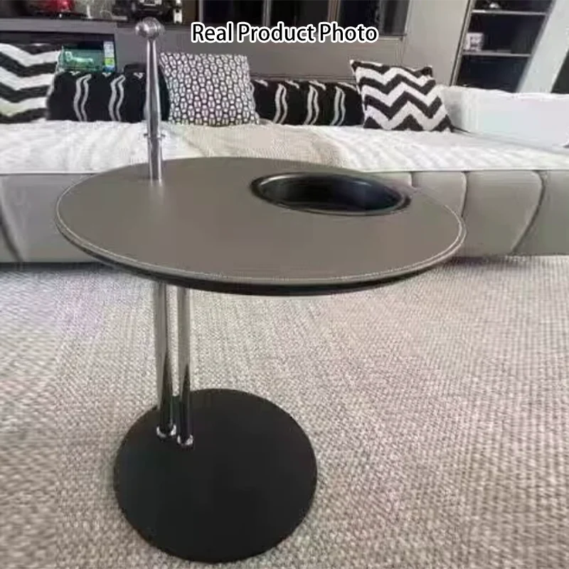 Modern Minimalist Round Saddle-Style Faux Leather Stainless Steel Carbon Steel Side Table Storage For Living Room