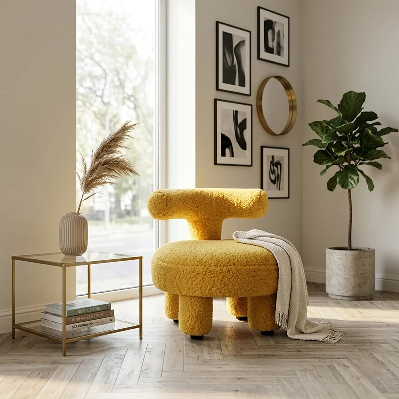 Contemporary Nordic Sherpa Fabric Wood Plywood Sponge Round Chair Backrest For Living Room