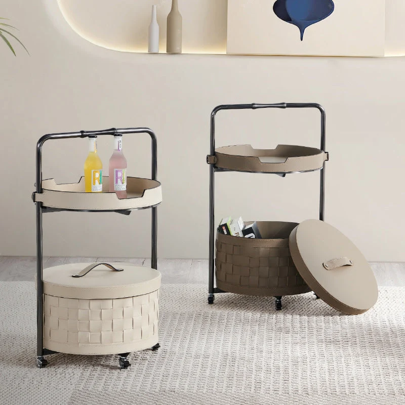 Contemporary Nordic Round Stainless Steel Saddle-Style Faux Leather End Table Movable 2-Tier For Living Room