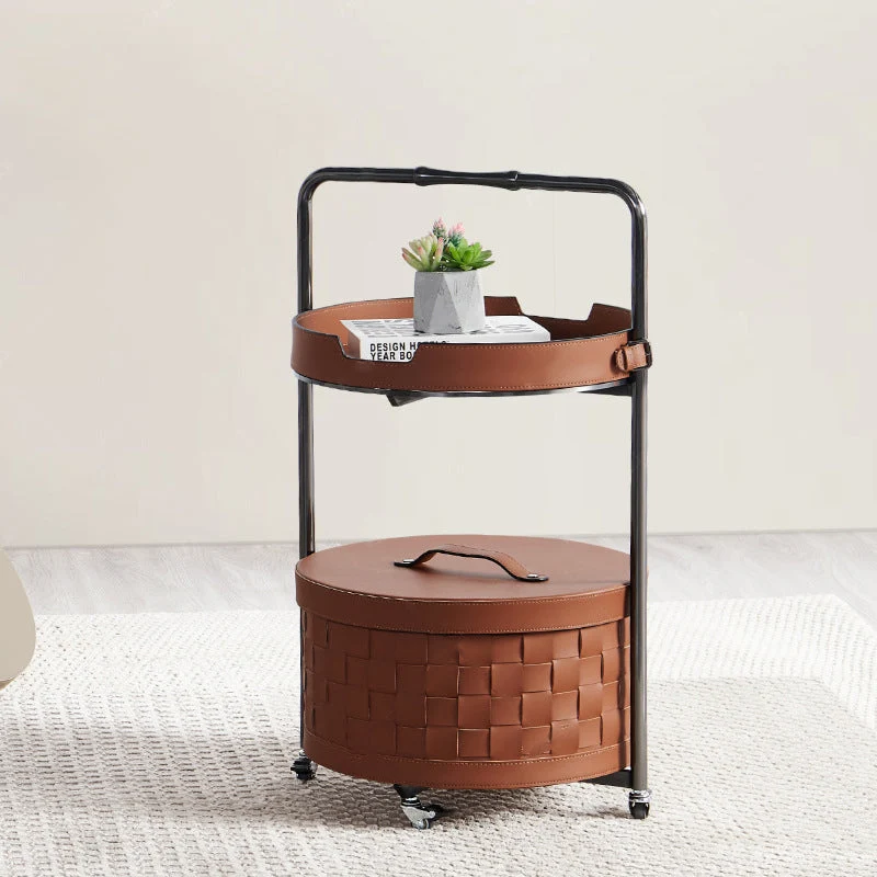 Contemporary Nordic Round Stainless Steel Saddle-Style Faux Leather End Table Movable 2-Tier For Living Room