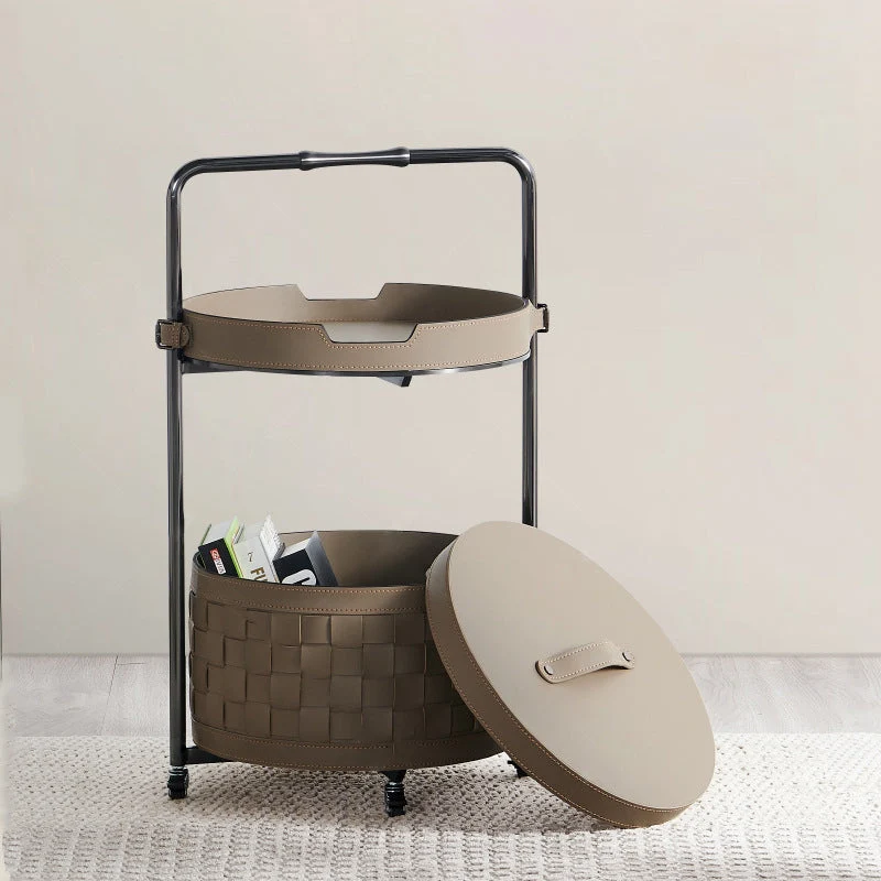 Contemporary Nordic Round Stainless Steel Saddle-Style Faux Leather End Table Movable 2-Tier For Living Room