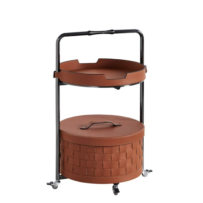 Contemporary Nordic Round Stainless Steel Saddle-Style Faux Leather End Table Movable 2-Tier For Living Room