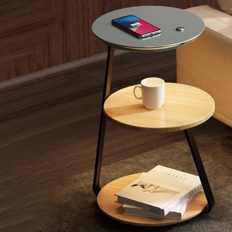 Contemporary Nordic Round Walnut Marble Iron Nightstand Mobile Phone Wireless Charging 2-Tier For Bedside