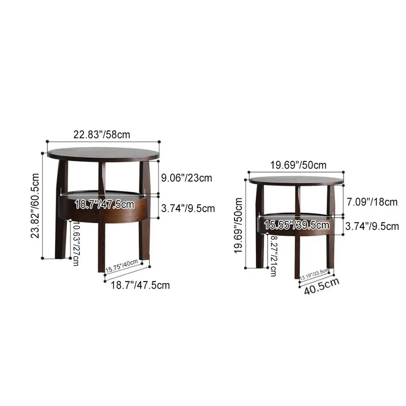 Contemporary Retro Antique Rubberwood Pine Wood Plywood Circular End Table 2-Tier Drawer For Living Room