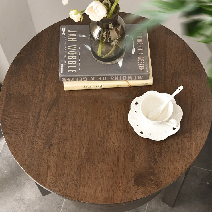 Contemporary Retro Antique Rubberwood Pine Wood Plywood Circular End Table 2-Tier Drawer For Living Room