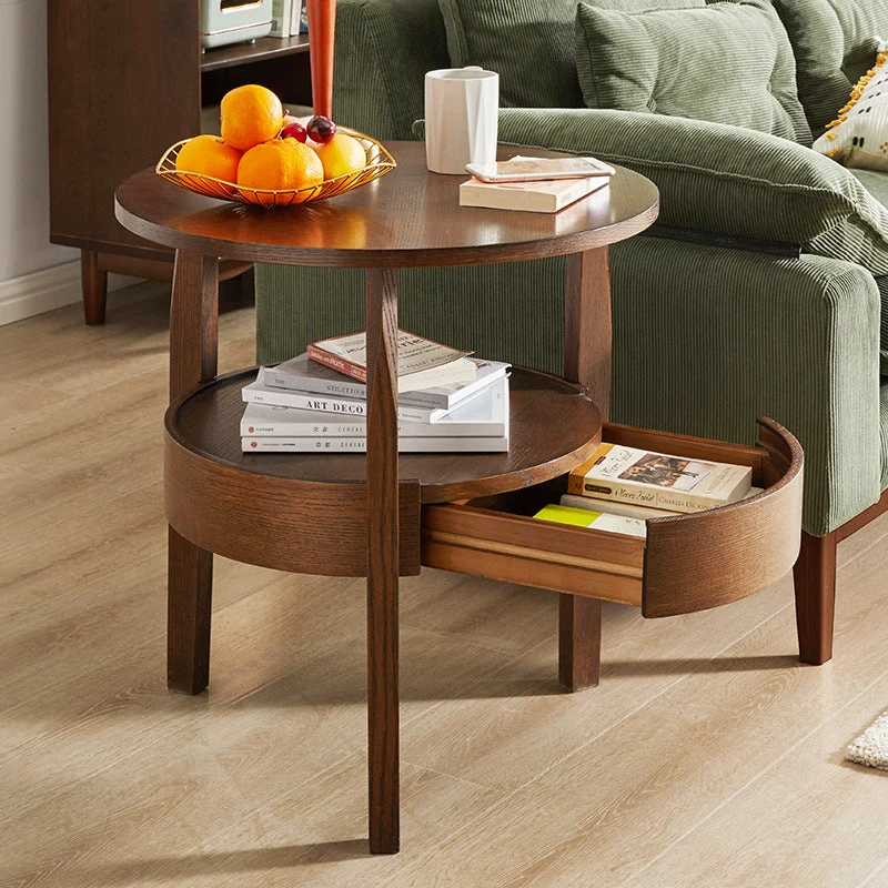 Contemporary Retro Antique Rubberwood Pine Wood Plywood Circular End Table 2-Tier Drawer For Living Room
