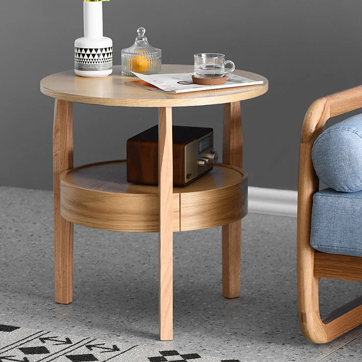 Contemporary Retro Antique Rubberwood Pine Wood Plywood Circular End Table 2-Tier Drawer For Living Room