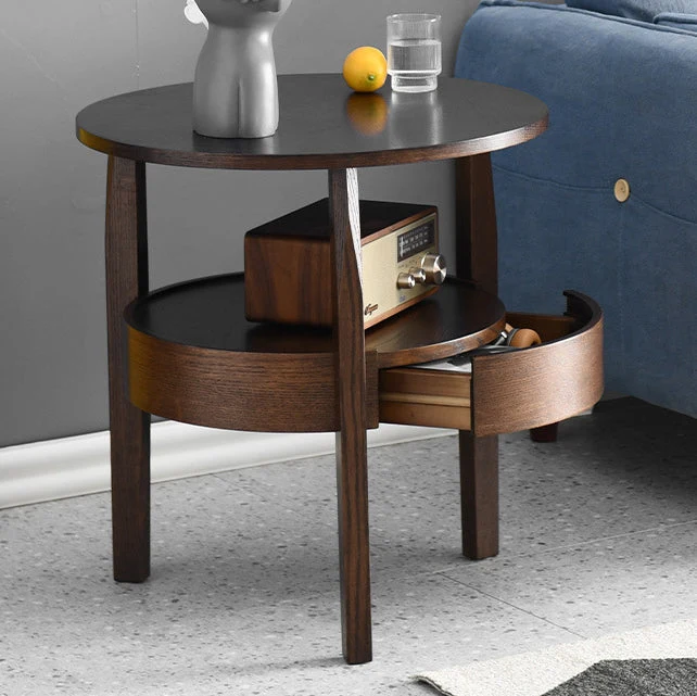 Contemporary Retro Antique Rubberwood Pine Wood Plywood Circular End Table 2-Tier Drawer For Living Room
