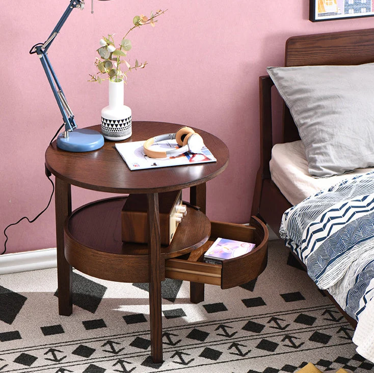 Contemporary Retro Antique Rubberwood Pine Wood Plywood Circular End Table 2-Tier Drawer For Living Room