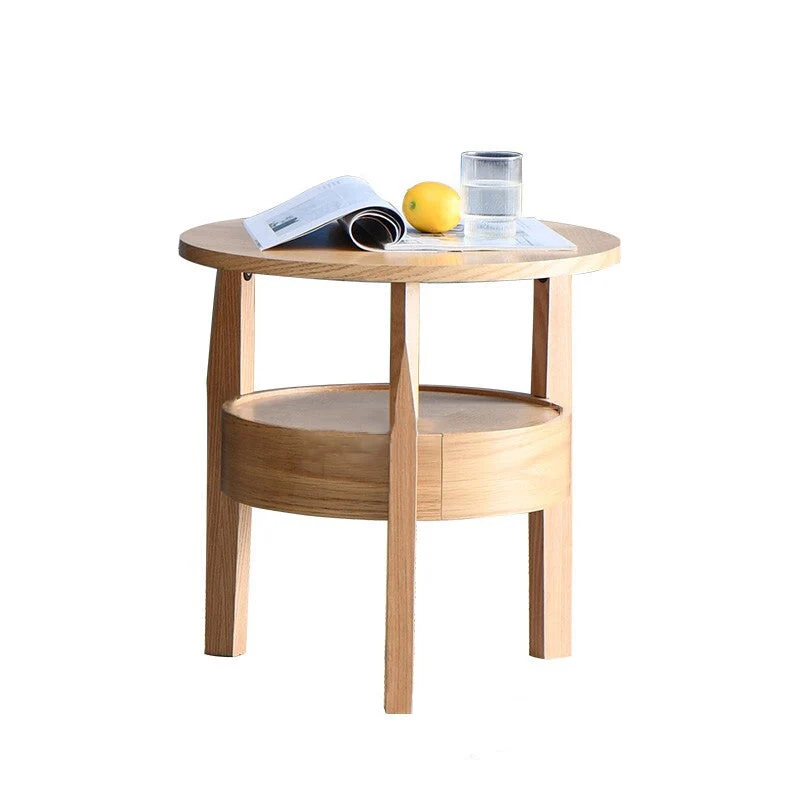 Contemporary Retro Antique Rubberwood Pine Wood Plywood Circular End Table 2-Tier Drawer For Living Room