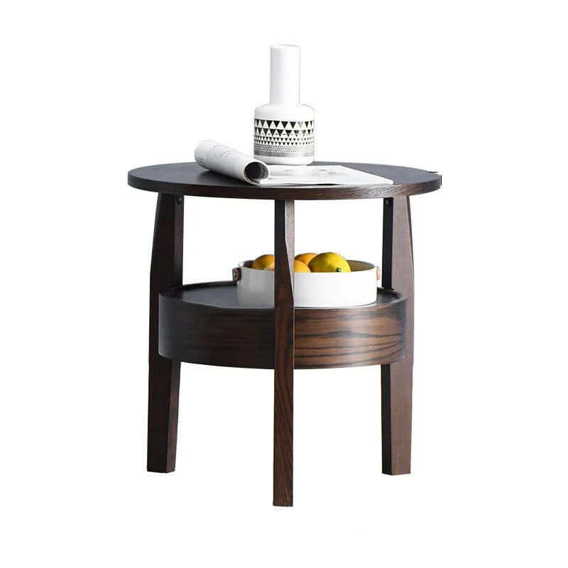 Contemporary Retro Antique Rubberwood Pine Wood Plywood Circular End Table 2-Tier Drawer For Living Room