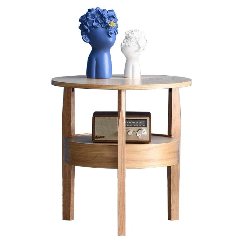 Contemporary Retro Antique Rubberwood Pine Wood Plywood Circular End Table 2-Tier Drawer For Living Room