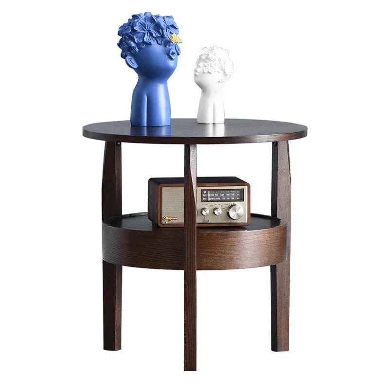 Contemporary Retro Antique Rubberwood Pine Wood Plywood Circular End Table 2-Tier Drawer For Living Room