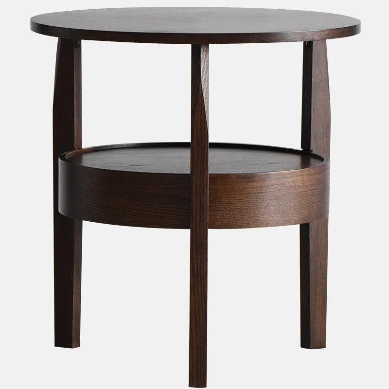 Contemporary Retro Antique Rubberwood Pine Wood Plywood Circular End Table 2-Tier Drawer For Living Room
