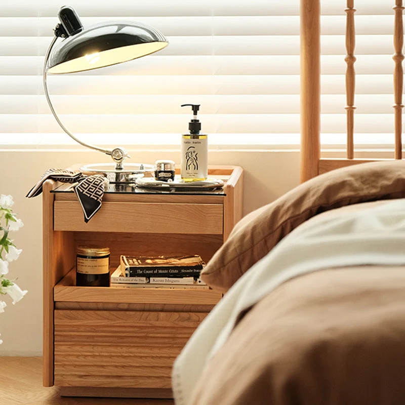 Contemporary Retro Plywood Glass Cube Nightstand 3-Drawer For Bedroom