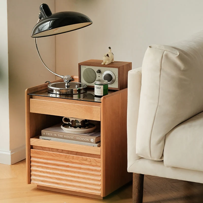 Contemporary Retro Plywood Glass Cube Nightstand 3-Drawer For Bedroom