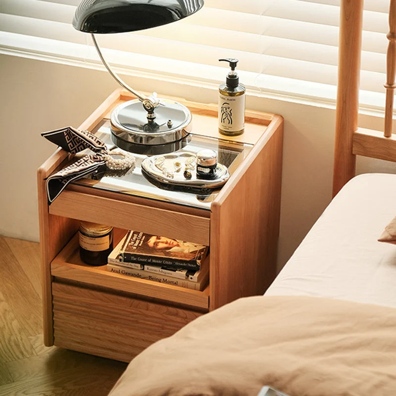 Contemporary Retro Plywood Glass Cube Nightstand 3-Drawer For Bedroom