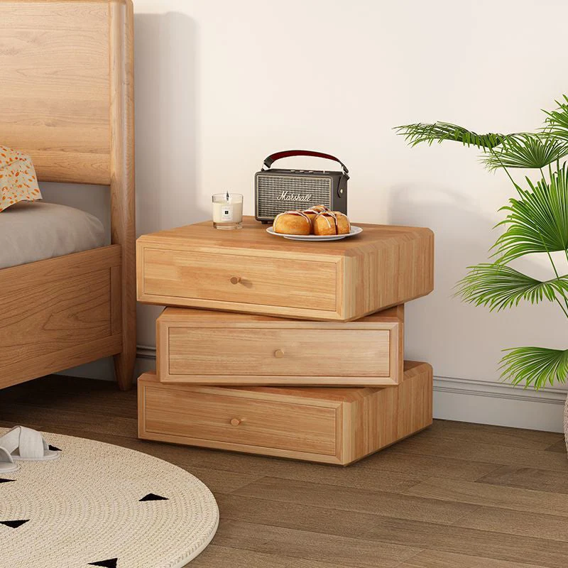 Contemporary Retro Square Rubberwood Rotatable Nightstand 3-Drawer Multifunctional Storage Cabinet For Bedroom