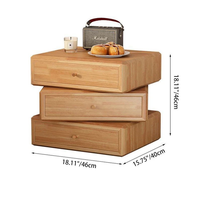 Contemporary Retro Square Rubberwood Rotatable Nightstand 3-Drawer Multifunctional Storage Cabinet For Bedroom