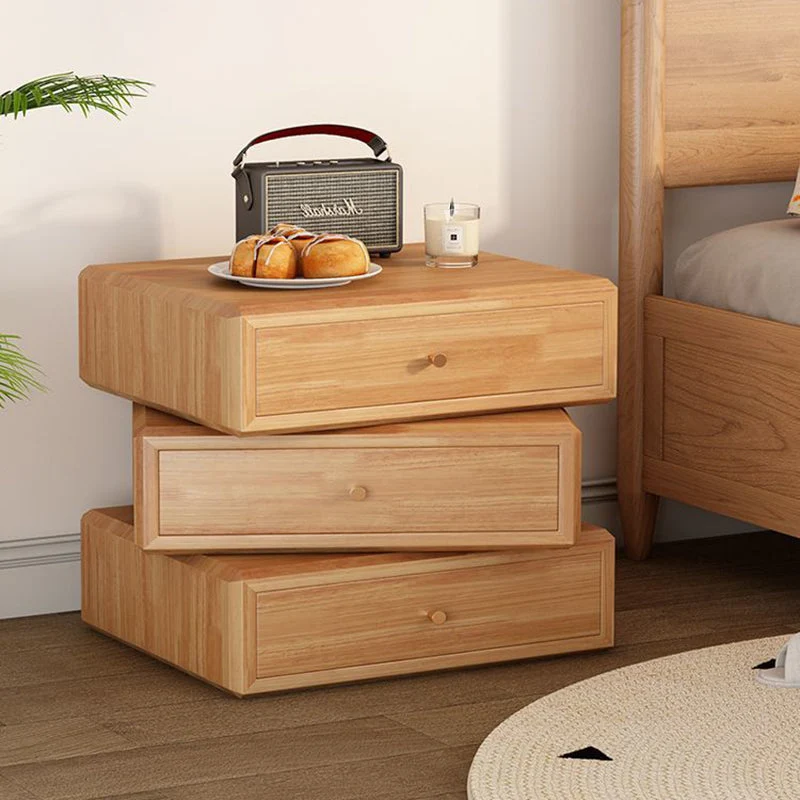 Contemporary Retro Square Rubberwood Rotatable Nightstand 3-Drawer Multifunctional Storage Cabinet For Bedroom