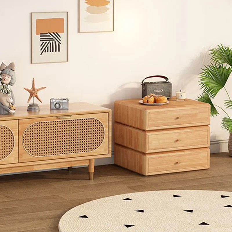 Contemporary Retro Square Rubberwood Rotatable Nightstand 3-Drawer Multifunctional Storage Cabinet For Bedroom