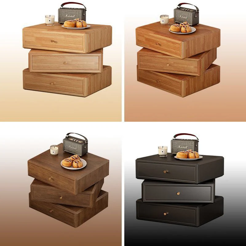 Contemporary Retro Square Rubberwood Rotatable Nightstand 3-Drawer Multifunctional Storage Cabinet For Bedroom