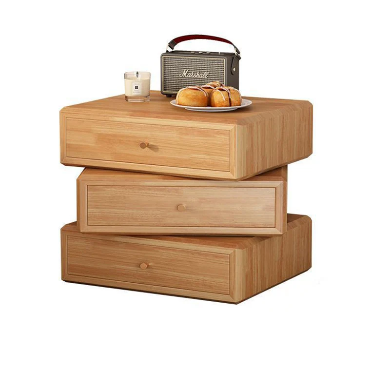 Contemporary Retro Square Rubberwood Rotatable Nightstand 3-Drawer Multifunctional Storage Cabinet For Bedroom