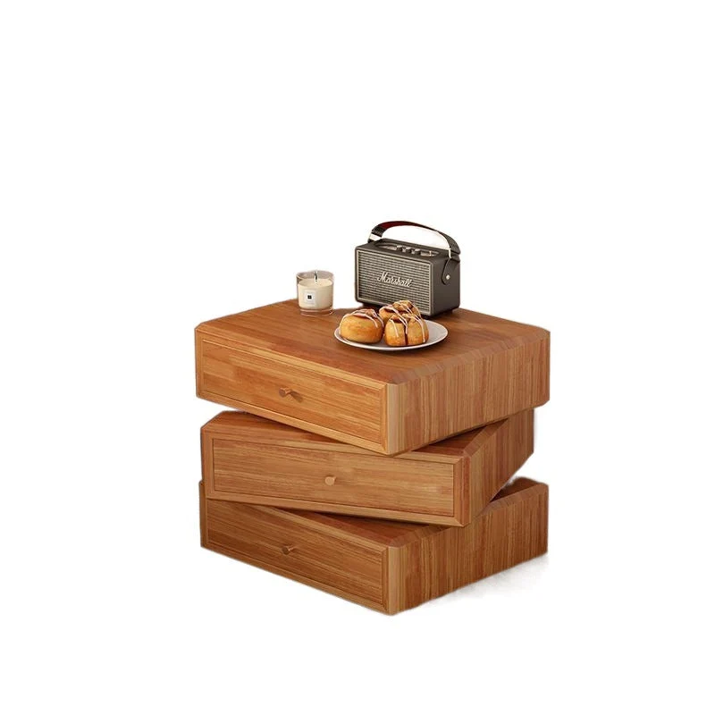 Contemporary Retro Square Rubberwood Rotatable Nightstand 3-Drawer Multifunctional Storage Cabinet For Bedroom