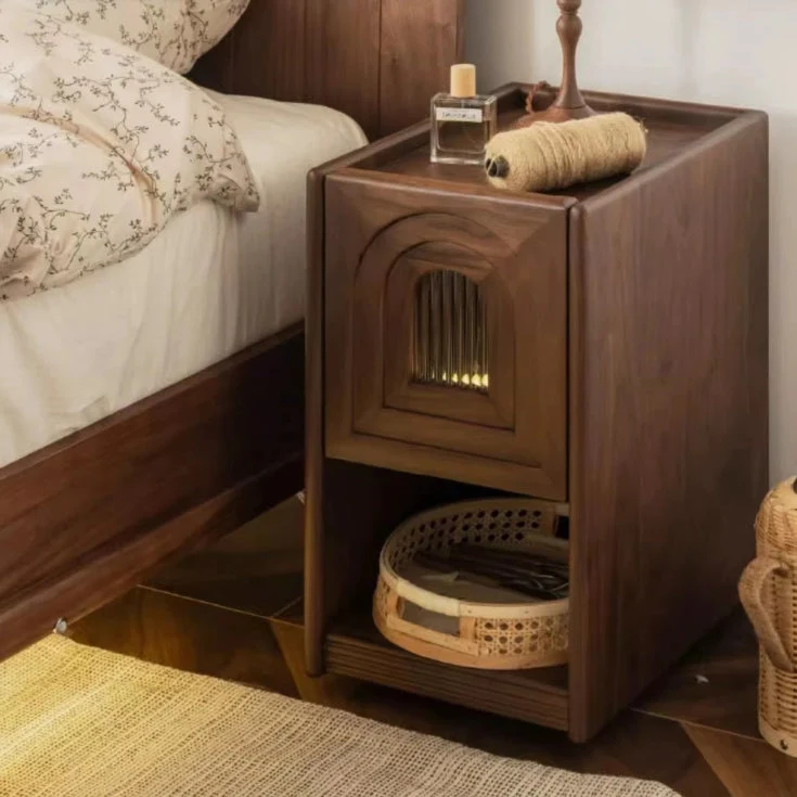 Contemporary Retro Rectangular Arched Door Rubberwood Plywood Glass Nightstand 1-Drawer With Nightlight For Bedside