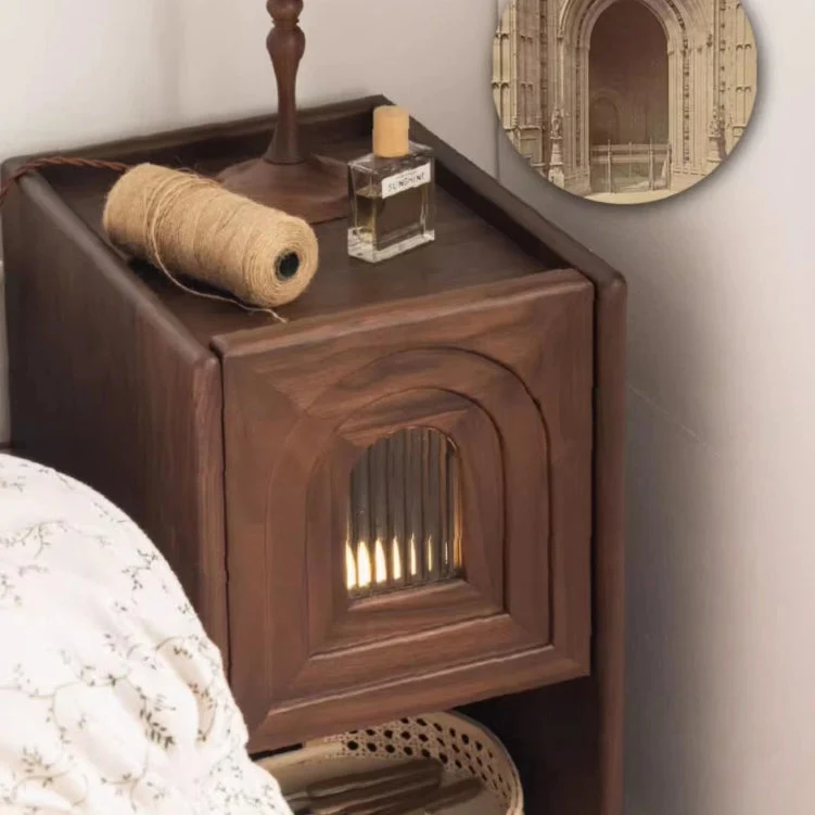 Contemporary Retro Rectangular Arched Door Rubberwood Plywood Glass Nightstand 1-Drawer With Nightlight For Bedside