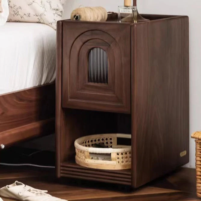 Contemporary Retro Rectangular Arched Door Rubberwood Plywood Glass Nightstand 1-Drawer With Nightlight For Bedside