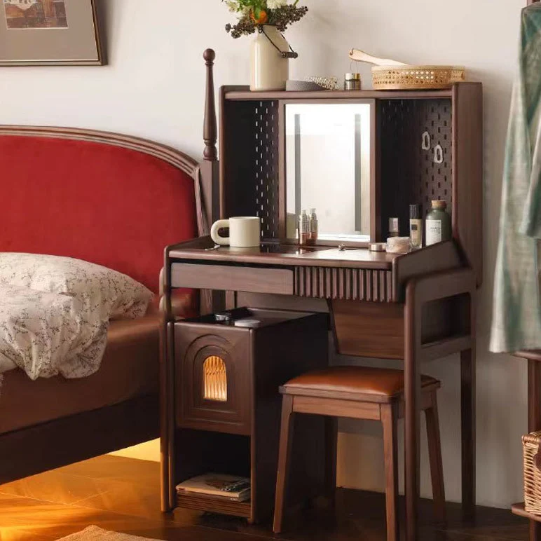 Contemporary Retro Rectangular Arched Door Rubberwood Plywood Glass Nightstand 1-Drawer With Nightlight For Bedside