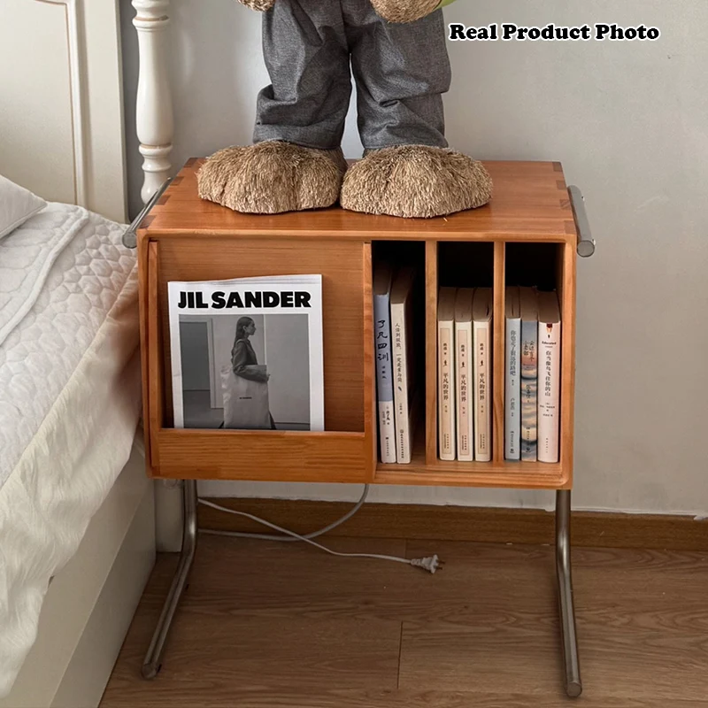 Contemporary Retro Rectangular Pine Wood Plywood Stainless Steel Side Table 4-Storage For Living Room