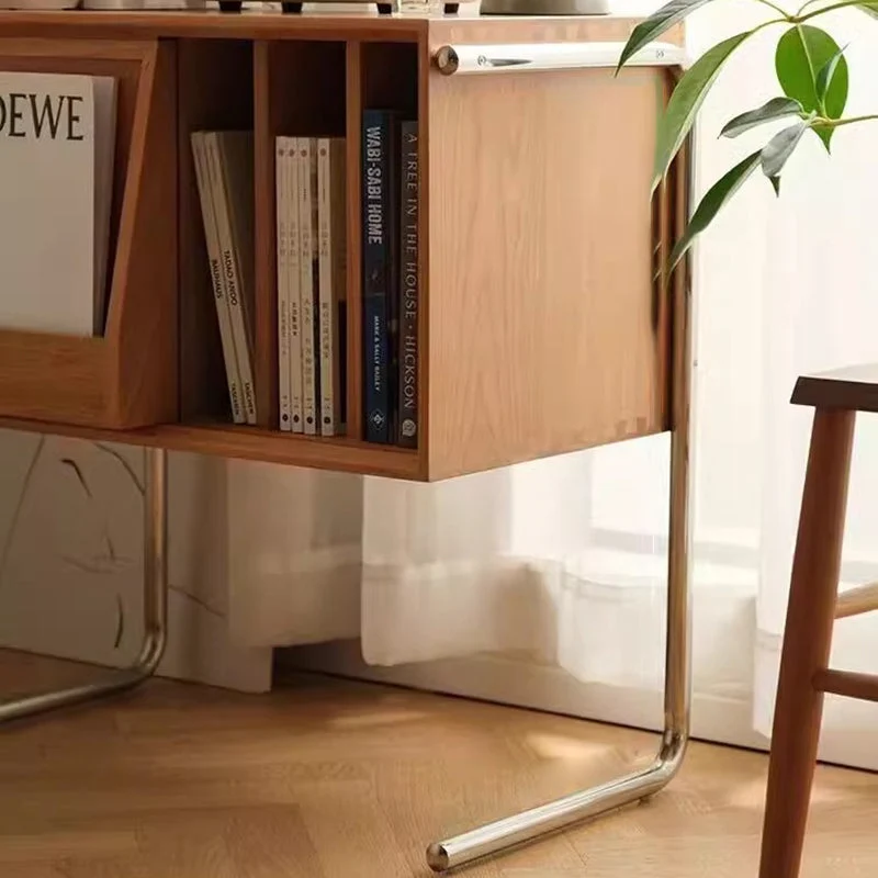 Contemporary Retro Rectangular Pine Wood Plywood Stainless Steel Side Table 4-Storage For Living Room