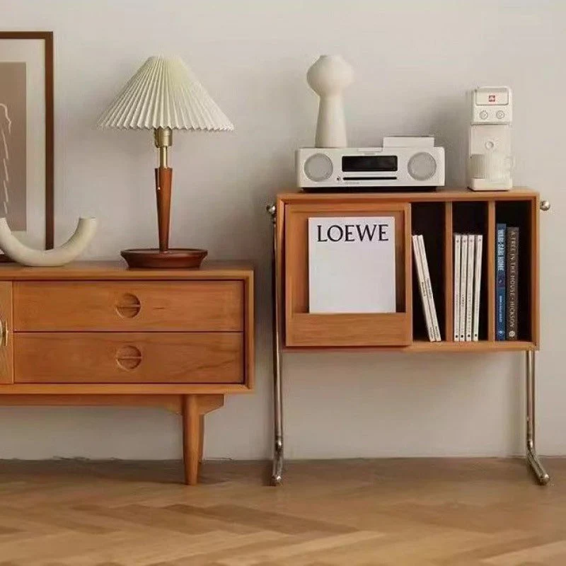 Contemporary Retro Rectangular Pine Wood Plywood Stainless Steel Side Table 4-Storage For Living Room