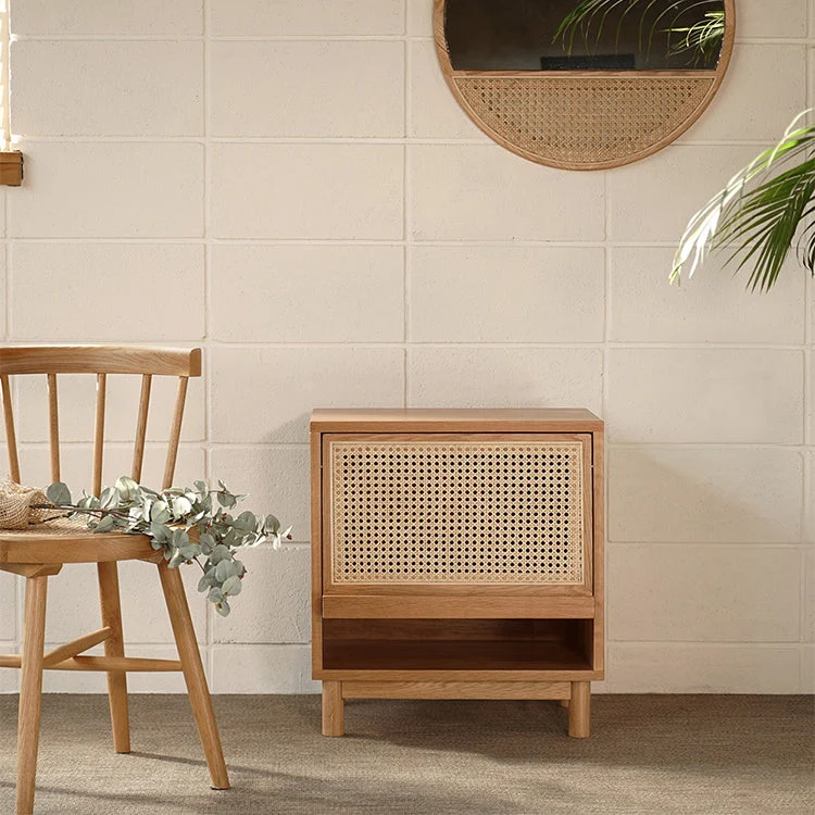 Contemporary Nordic Rectangular Solid Wood Plywood Fir Wood Pine Wood Rattan End Table 1-Drawer For Living Room