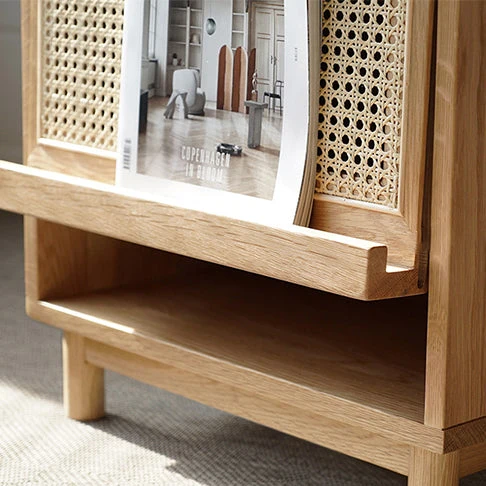 Contemporary Nordic Rectangular Solid Wood Plywood Fir Wood Pine Wood Rattan End Table 1-Drawer For Living Room