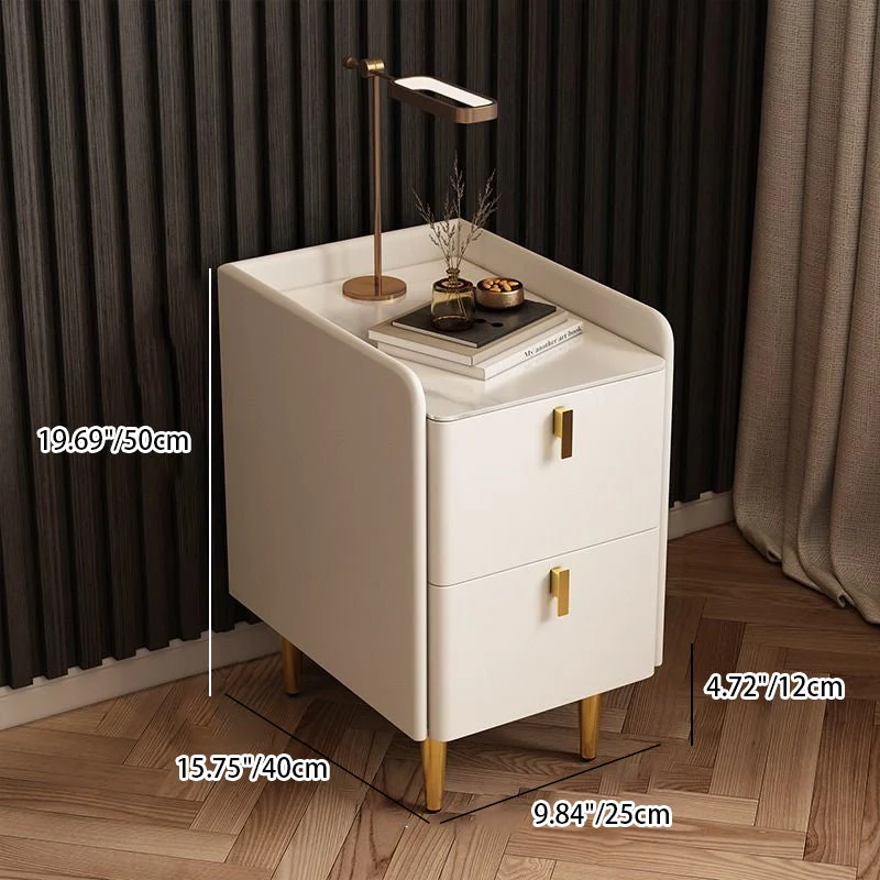 Contemporary Nordic Rectangular Faux Leather Solid Wood Pine Wood Carbon Steel Nightstand 2-Drawer For Bedroom