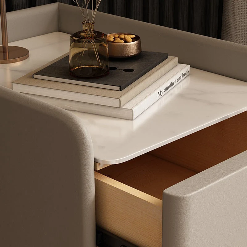 Contemporary Nordic Rectangular Faux Leather Solid Wood Pine Wood Carbon Steel Nightstand 2-Drawer For Bedroom